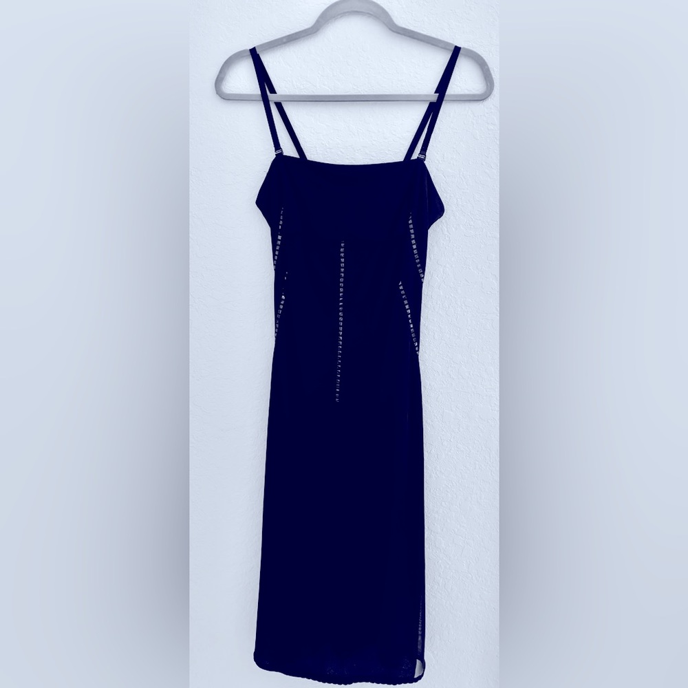 Strapless convertible little black midi dress.